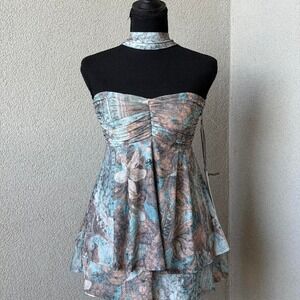 Milk & Honey Blue/brown floral print strapless top with neck scarf Size S NWT